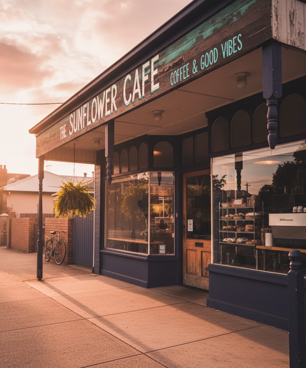 A warm, golden-hour Western Sydney shopfront at dusk